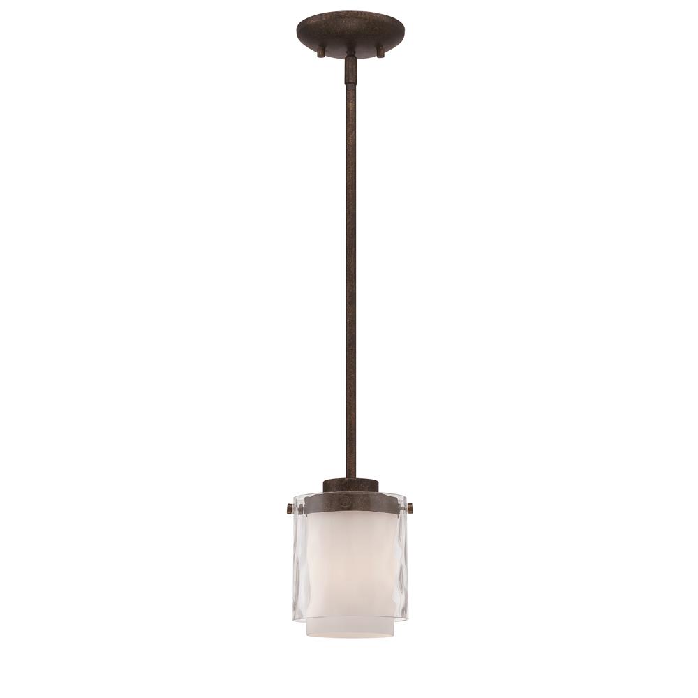 Craftmade 35491-PR Kenswick 1 Light Mini Pendant in Peruvian Bronze with Clear Hammered (Outer)/Frosted Ribbed (Inner) Glass